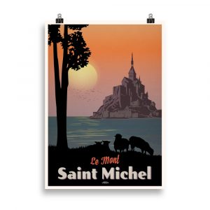 Affiche vintage représentant le Mont Saint Michel avec son abbaye emblématique, entouré de la mer. Vintage poster showing Mont Saint Michel with its iconic abbey, surrounded by the sea.