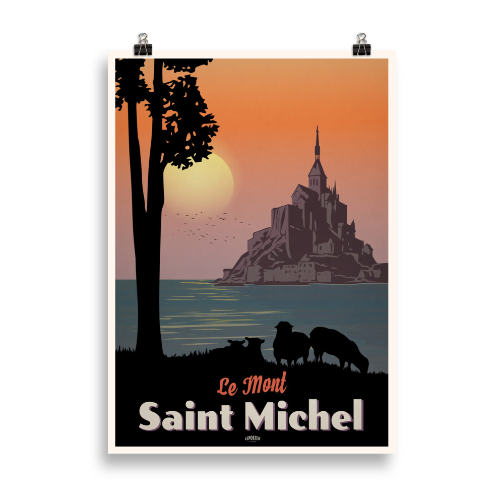 Affiche vintage représentant le Mont Saint Michel avec son abbaye emblématique, entouré de la mer. Vintage poster showing Mont Saint Michel with its iconic abbey, surrounded by the sea.