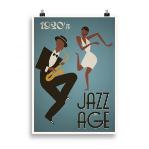 Affiche vintage représentant un joueur de saxophone et une danseuse dans le style des années 1920. Vintage poster showing a saxophone player and a dancer in 1920s style.