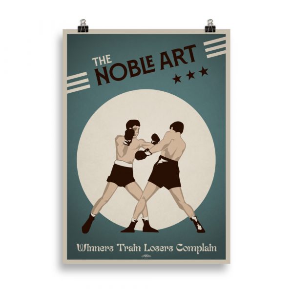 Affiche vintage représentant un boxeur en pleine action avec le slogan "Winners Train, Losers Complain". Vintage poster showing a boxer in action with the slogan "Winners Train, Losers Complain".