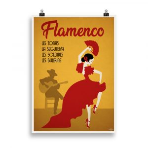 Affiche vintage représentant une danseuse de flamenco en pleine performance, robe flottante et mouvement dynamique. Vintage poster showing a flamenco dancer performing, flowing dress and dynamic movement.