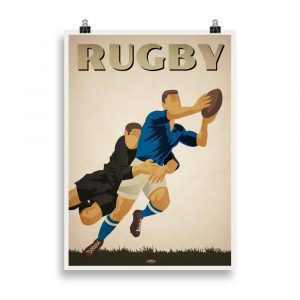 Affiche vintage représentant deux joueurs de rugby en plein match avec un plaquage intense. Vintage poster showing two rugby players in action with an intense tackle.