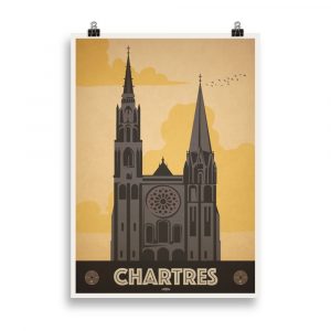 Affiche vintage représentant la Cathédrale de Chartres avec sa façade gothique emblématique et des visiteurs en premier plan. Vintage poster depicting Chartres Cathedral with its iconic Gothic façade and visitors in the foregroun