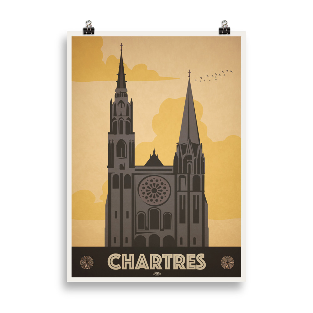 Affiche vintage représentant la Cathédrale de Chartres avec sa façade gothique emblématique et des visiteurs en premier plan. Vintage poster depicting Chartres Cathedral with its iconic Gothic façade and visitors in the foregroun