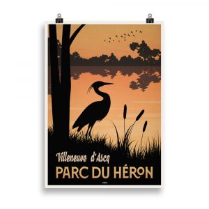 Affiche vintage représentant un héron au premier plan avec le lac et les arbres du Parc du Héron en arrière-plan, dans des tons chauds. Vintage poster depicting a heron in the foreground with the lake and trees of Parc du Heron in the background, in warm tones.