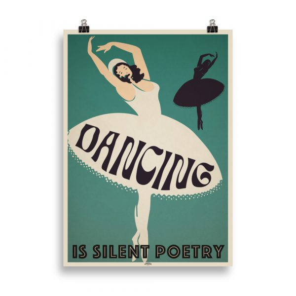 Affiche vintage représentant une danseuse en mouvement, stylisée dans des tons doux et rétro, évoquant la grâce et la poésie du geste. Vintage poster depicting a dancer in motion, stylized in soft, retro tones that evoke grace and the poetry of movement.