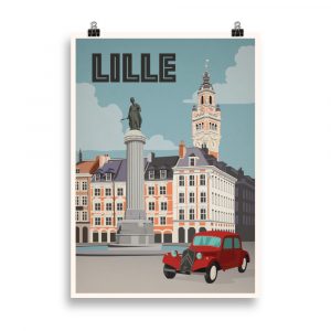 Affiche vintage représentant la Grand-Place de Lille avec la Vieille Bourse et les façades flamandes colorées, sous un ciel clair et lumineux. Vintage poster depicting Lille’s Grand Place with the Old Stock Exchange and colorful Flemish façades under a bright, clear sky.