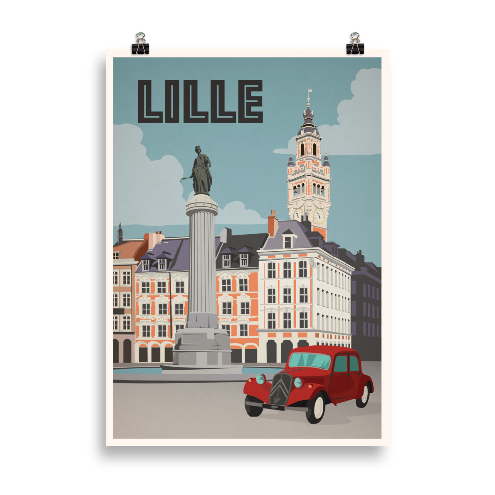 Affiche vintage représentant la Grand-Place de Lille avec la Vieille Bourse et les façades flamandes colorées, sous un ciel clair et lumineux. Vintage poster depicting Lille’s Grand Place with the Old Stock Exchange and colorful Flemish façades under a bright, clear sky.