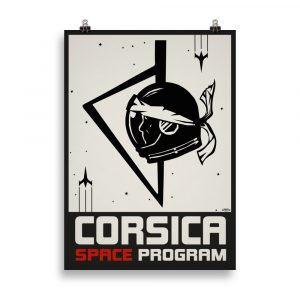 Affiche de style propagande vintage représentant une tête de Maure en cosmonaute, avec une silhouette simplifiée de la Corse en arrière-plan, dans des tons chauds et rétro inspirés de la science-fiction du XXᵉ siècle. Vintage propaganda-style poster depicting the Corsican Moor’s head as an astronaut, with a simplified outline of Corsica in the background, in warm retro tones inspired by mid-20th-century science fiction.