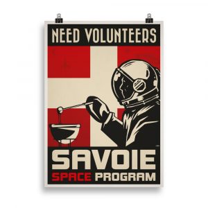 Affiche de style propagande vintage représentant un astronaute savoyard dégustant une fondue, dans un environnement rétro-futuriste aux couleurs chaudes. Vintage propaganda-style poster depicting a Savoyard astronaut enjoying a fondue, in a retro-futuristic environment with warm tones.