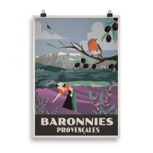 Affiche vintage représentant une lavandière dans les champs de lavande des Baronnies Provençales, avec un ciel lumineux et des couleurs chaudes et apaisantes. Vintage poster depicting a lavender picker in the lavender fields of the Baronnies Provençales, with a bright sky and warm, soothing colors.