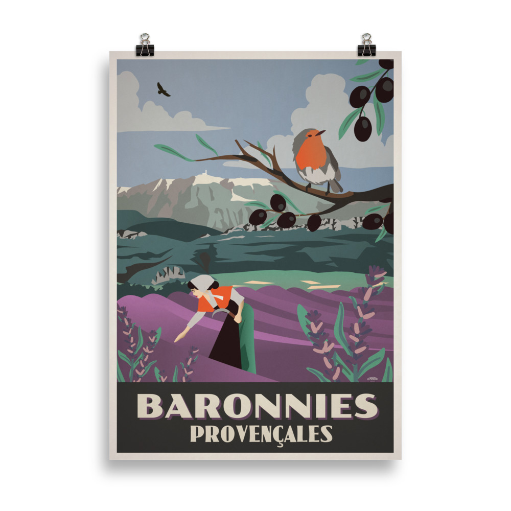Affiche vintage représentant une lavandière dans les champs de lavande des Baronnies Provençales, avec un ciel lumineux et des couleurs chaudes et apaisantes. Vintage poster depicting a lavender picker in the lavender fields of the Baronnies Provençales, with a bright sky and warm, soothing colors.