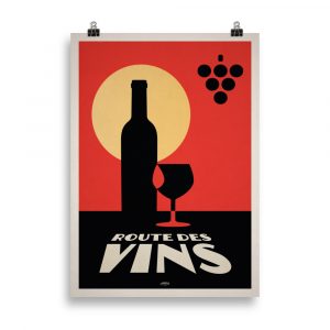 Affiche vintage minimaliste représentant une bouteille de vin et un verre noir sur fond rouge, évoquant le thème de la Route des Vins. Vintage minimalist poster depicting a wine bottle and black glass on a red background, evoking the Wine Route theme.