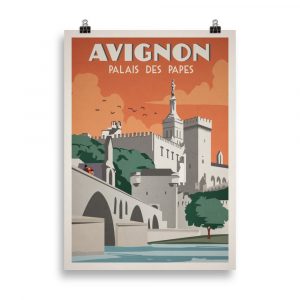 Affiche vintage représentant le Palais des Papes d’Avignon sous un ciel lumineux, avec des façades historiques et des couleurs chaudes rappelant la Provence. Vintage poster depicting the Palais des Papes in Avignon under a bright sky, with historic façades and warm colors evoking Provence.