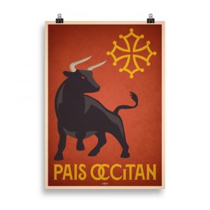 Affiche vintage représentant un taureau avec la croix occitane sur fond rouge, symbole de l’Occitanie et de ses traditions, dans un style rétro. Vintage poster depicting a bull with the Occitan cross on a red background, symbolizing Occitanie and its traditions, in a retro style.
