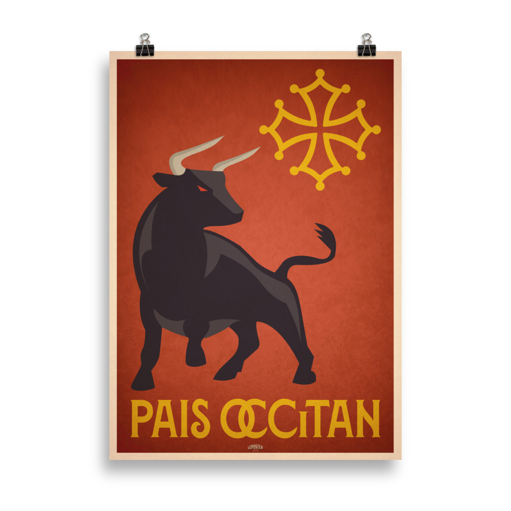 Affiche vintage représentant un taureau avec la croix occitane sur fond rouge, symbole de l’Occitanie et de ses traditions, dans un style rétro. Vintage poster depicting a bull with the Occitan cross on a red background, symbolizing Occitanie and its traditions, in a retro style.