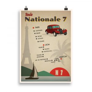 Affiche vintage minimaliste représentant la carte de la Route Nationale 7, avec la Tour Eiffel, un palmier et une voiture rétro, dans des tons rétro et épurés. Vintage minimalist poster depicting the map of National Road 7, with the Eiffel Tower, a palm tree, and a retro car, in retro and clean tones.