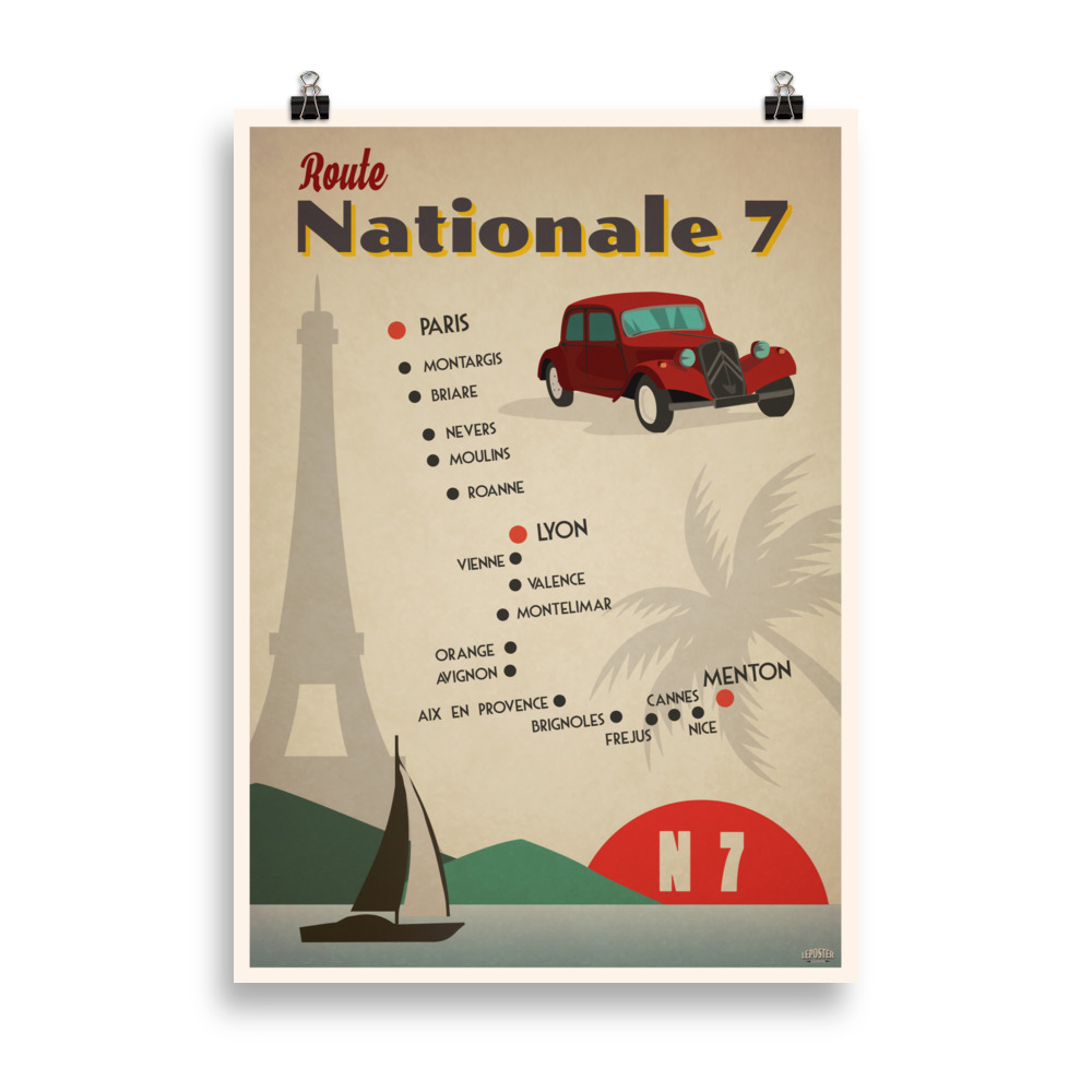 Affiche vintage minimaliste représentant la carte de la Route Nationale 7, avec la Tour Eiffel, un palmier et une voiture rétro, dans des tons rétro et épurés. Vintage minimalist poster depicting the map of National Road 7, with the Eiffel Tower, a palm tree, and a retro car, in retro and clean tones.