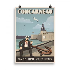 Affiche vintage représentant un vieux marin assis devant la Ville Close de Concarneau, avec une ancre à ses côtés et le cadran solaire en arrière-plan, dans des tons marins bleus et dorés. Vintage poster depicting an old sailor sitting in front of Concarneau’s walled town, with an anchor by his side and the sundial in the background, in warm blue and golden tones.