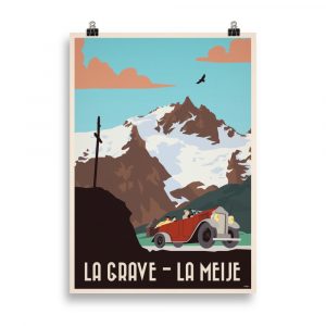 Affiche vintage représentant une voiture rétro roulant sur la route des Terrasses, face au sommet majestueux de la Meije, avec le village de La Grave niché au cœur des Alpes, dans des tons chauds et lumineux. Vintage poster depicting a retro car driving along the Terraces Road, facing the majestic Meije peak, with the village of La Grave nestled in the Alps, in warm and bright tones.