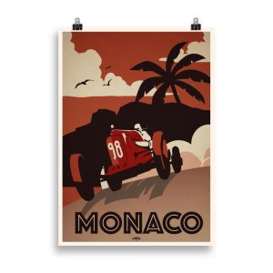 Affiche vintage représentant une voiture de course rétro sur fond rouge vif, symbolisant l’esprit du Club Automobile de Monaco, avec des lignes dynamiques et un style graphique inspiré des années 1950. Vintage poster depicting a retro racing car on a bright red background, symbolizing the spirit of the Monaco Automobile Club, with dynamic lines and a 1950s-inspired graphic style.