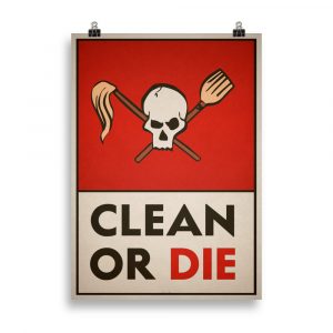 Affiche vintage représentant la tête de mort stylisée avec un balai et une serpillière, issue du laboratoire de Krieger dans la série pour adultes "Archer", dans un style graphique rétro et humoristique. Vintage poster featuring the stylized skull with a broom and mop, from Krieger’s lab in the adult series "Archer," in a retro and humorous graphic style.