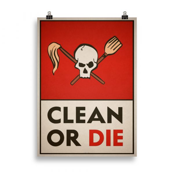 Affiche vintage représentant la tête de mort stylisée avec un balai et une serpillière, issue du laboratoire de Krieger dans la série pour adultes "Archer", dans un style graphique rétro et humoristique. Vintage poster featuring the stylized skull with a broom and mop, from Krieger’s lab in the adult series "Archer," in a retro and humorous graphic style.