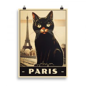 Affiche vintage représentant un chaton au premier plan avec la Tour Eiffel en arrière-plan, dans un style rétro et poétique évoquant Paris, dans des tons doux et chaleureux. Vintage poster depicting a kitten in the foreground with the Eiffel Tower in the background, in a retro and poetic style evoking Paris, in soft warm tones.