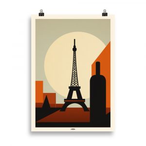 Affiche vintage minimaliste représentant la Tour Eiffel et une bouteille de vin stylisée, dans un style cubiste et graphique, aux couleurs sobres et rétro. Vintage minimalist poster depicting the Eiffel Tower and a stylized wine bottle, in a cubist and graphic style, with subtle retro colors.