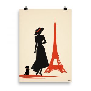 Affiche vintage représentant la silhouette d’une femme promenant son petit chien avec une Tour Eiffel rouge en arrière-plan, dans un style rétro et élégant. Vintage poster depicting the silhouette of a woman walking her small dog, with a red Eiffel Tower in the background, in a retro and elegant style.