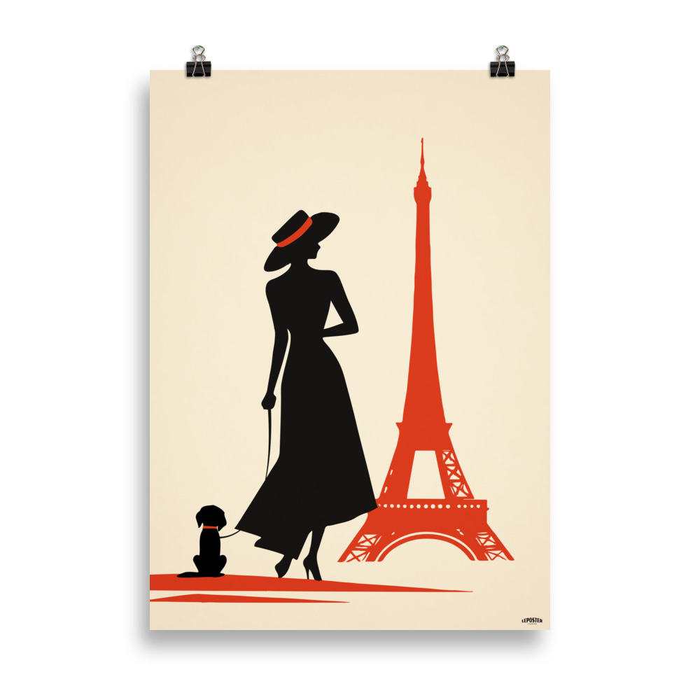 Affiche vintage représentant la silhouette d’une femme promenant son petit chien avec une Tour Eiffel rouge en arrière-plan, dans un style rétro et élégant. Vintage poster depicting the silhouette of a woman walking her small dog, with a red Eiffel Tower in the background, in a retro and elegant style.