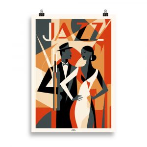 Affiche vintage représentant un couple de musiciens de jazz dans un style cubique et graphique, aux couleurs rétro, évoquant l’ambiance musicale et festive du jazz. Vintage poster depicting a jazz musician couple in a cubist and graphic style, with retro colors, evoking the musical and festive atmosphere of jazz.