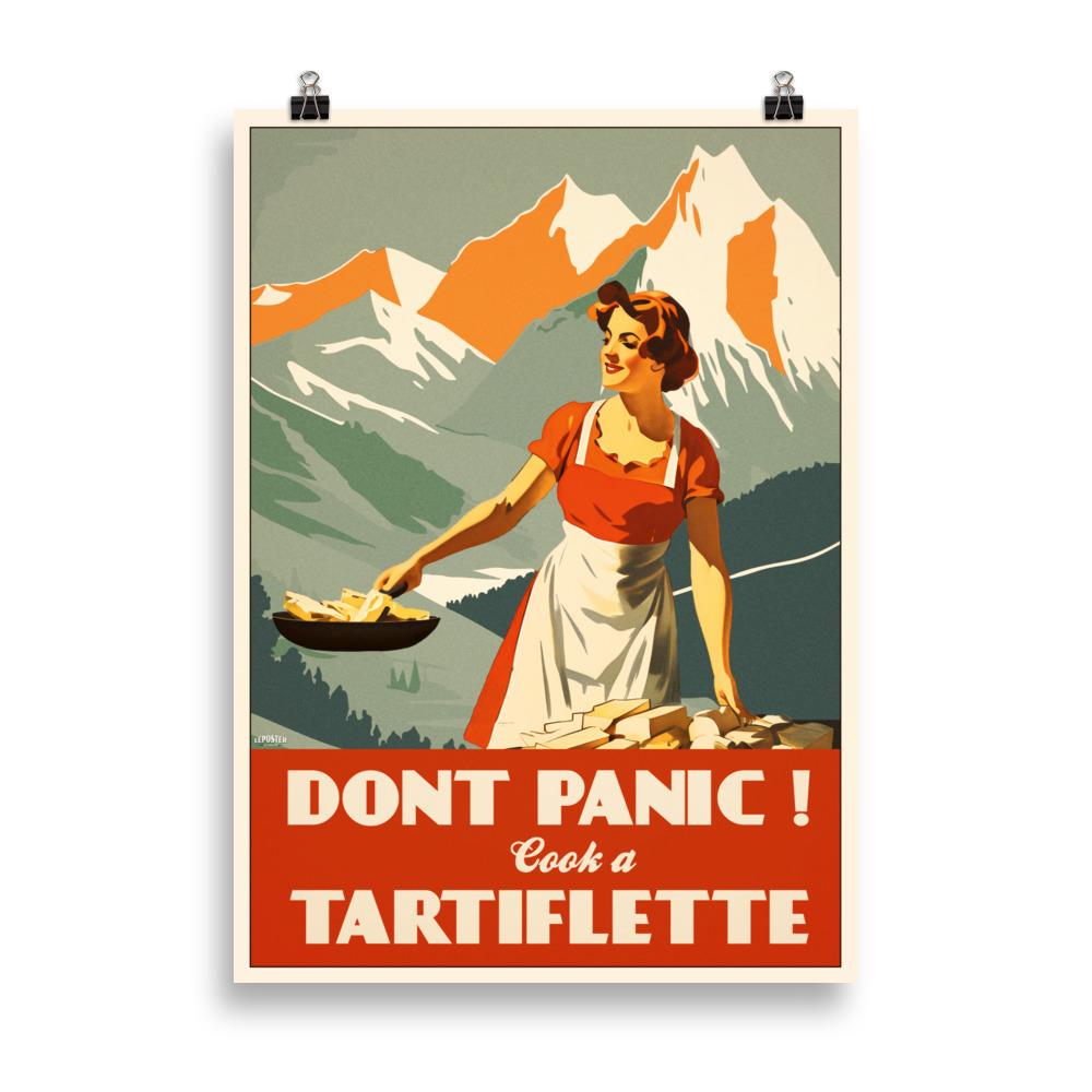 Affiche vintage humoristique représentant une cuisinière préparant une tartiflette dans un style propagande rétro, avec des montagnes en arrière-plan et une composition graphique percutante. Vintage humorous poster depicting a cook preparing a tartiflette in a retro propaganda style, with mountains in the background and a striking graphic composition.