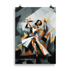 Affiche vintage représentant une danseuse de jazz dans un style cubique et graphique, capturant le mouvement et l’énergie de la danse dans des tons rétro et dynamiques. Vintage poster depicting a jazz dancer in a cubist and graphic style, capturing the movement and energy of the dance in retro and dynamic tones.