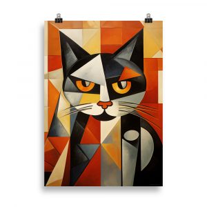 Affiche vintage représentant le portrait d’un chat dans un style graphique et artistique inspiré de Picasso, aux couleurs rétro et formes abstraites. Vintage poster depicting a cat portrait in a graphic and artistic style inspired by Picasso, with retro colors and abstract shapes.
