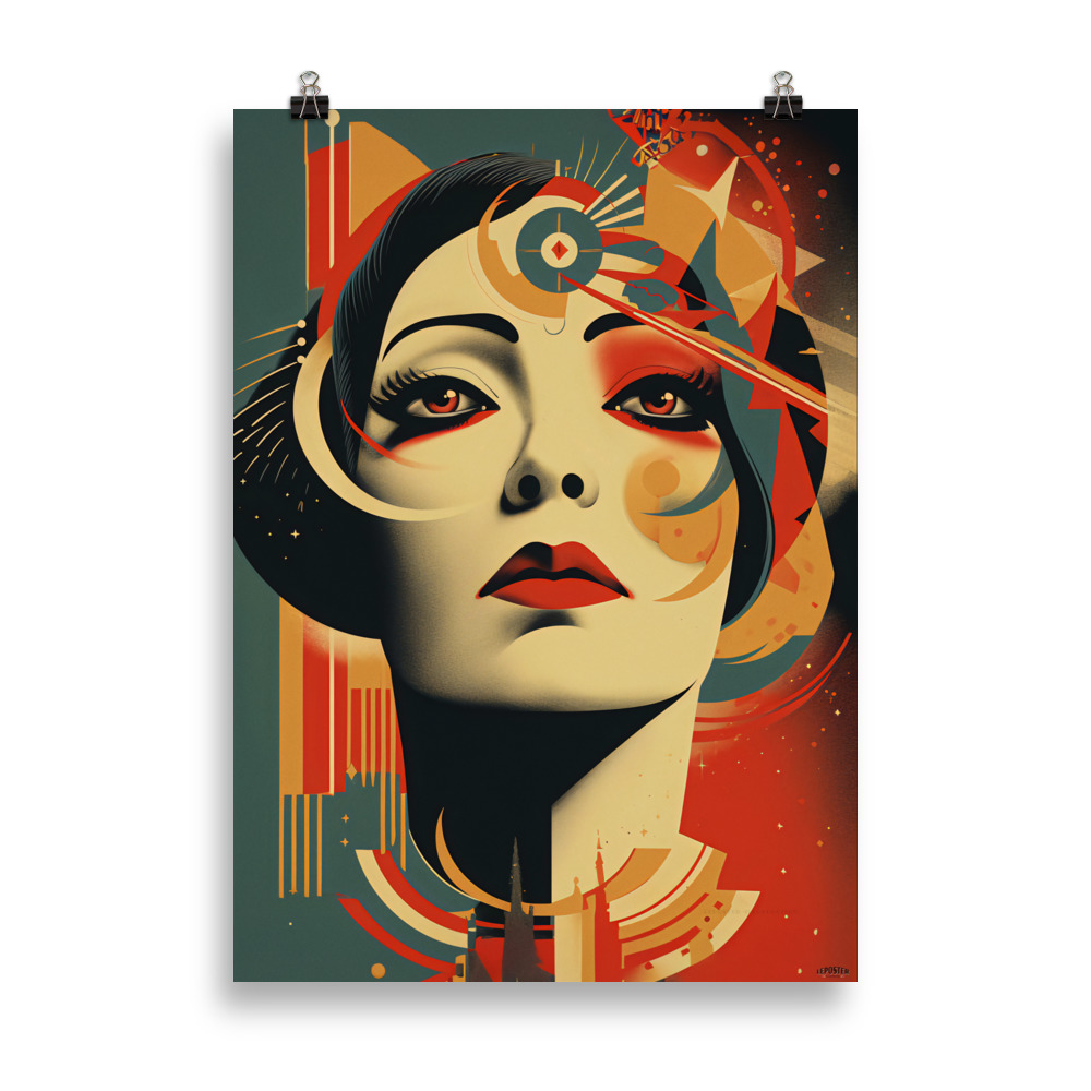 Affiche vintage science-fiction représentant un portrait de femme dans un style design et abstrait, évoquant l’univers lunaire et futuriste avec des formes graphiques rétro. Vintage sci-fi poster depicting a woman’s portrait in a design and abstract style, evoking a lunar and futuristic universe with retro graphic shapes.