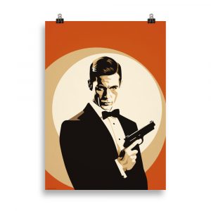 Affiche cinéma vintage représentant un espion dans un style rétro, avec une ambiance mystérieuse et graphique rappelant les films d’espionnage classiques. Vintage cinema poster depicting a spy in a retro style, with a mysterious and graphic atmosphere reminiscent of classic spy movies.