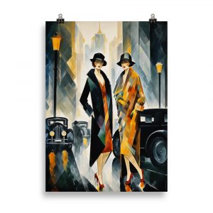 Affiche vintage Art Deco représentant deux femmes dans les rues de Paris la nuit, style années 1920, avec un jeu de lumières et un style cubique rétro. Vintage Art Deco poster depicting two women in the streets of Paris at night, 1920s style, with light effects and a retro cubist style.