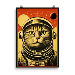 Affiche humoristique science-fiction représentant un chat en cosmonaute, dans un style graphique rétro et coloré. Humorous sci-fi poster depicting a cat as an astronaut, in a colorful retro graphic style.