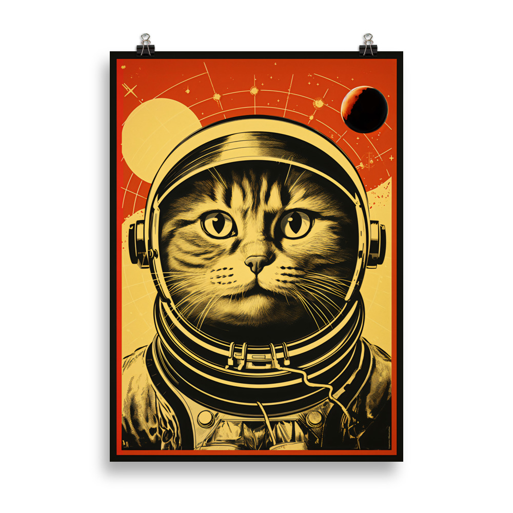 Affiche humoristique science-fiction représentant un chat en cosmonaute, dans un style graphique rétro et coloré. Humorous sci-fi poster depicting a cat as an astronaut, in a colorful retro graphic style.