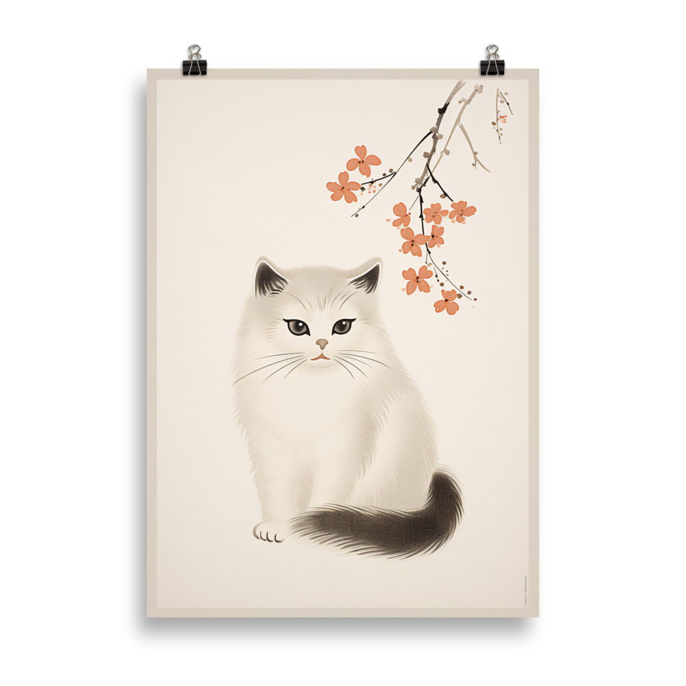 Affiche vintage Art Deco représentant un chaton dans le style traditionnel japonais Ukiyo-e, avec des lignes élégantes et des couleurs rétro. Vintage Art Deco poster depicting a kitten in traditional Japanese Ukiyo-e style, with elegant lines and retro colors.