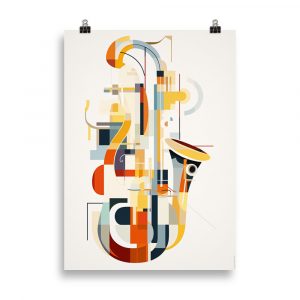 Affiche vintage Art Deco représentant un saxophone dans un style cubique et minimaliste, inspiré du jazz et du graphisme rétro. Vintage Art Deco poster depicting a saxophone in a cubist and minimalist style, inspired by jazz and retro graphic design.