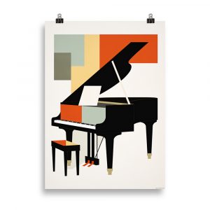 Affiche vintage Art Deco représentant un piano dans un style cubique et graphique, inspiré par la musique et le design rétro. Vintage Art Deco poster depicting a piano in a cubist and graphic style, inspired by music and retro design.