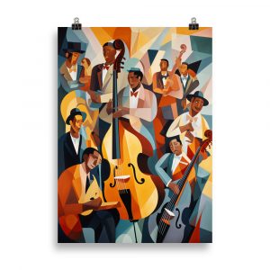 Affiche vintage Art Deco représentant un groupe de musiciens de jazz dans un style cubiste et abstrait, aux couleurs rétro et graphiques. Vintage Art Deco poster depicting a jazz band in a cubist and abstract style, with retro and graphic colors.