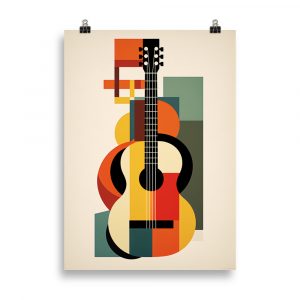 Illustration rétro Art Deco mettant en avant une guitare stylisée dans un style cubiste, combinant musique et design graphique vintage. Retro Art Deco illustration featuring a stylized guitar in a cubist style, combining music and vintage graphic design.