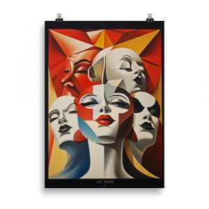 Affiche vintage représentant des visages abstraits dans un style graphique rétro, inspirée de l’art théâtral et du design vintage. Vintage poster depicting abstract faces in a retro graphic style, inspired by theatrical art and vintage design.