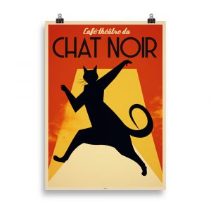 Affiche vintage représentant un chat noir dansant sur un fond rouge et jaune, inspirée du style rétro des affiches de cabaret et de café-théâtre du XIXᵉ siècle. Vintage poster depicting a black cat dancing on a red and yellow background, inspired by the retro style of 19th-century cabaret and café-theatre posters.