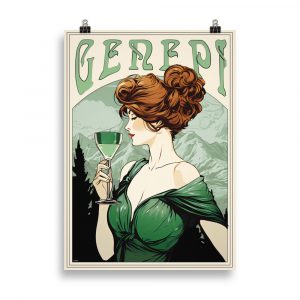 Affiche vintage Art Nouveau représentant une femme buvant un verre de génépi sur fond de montagnes, dans un style rétro élégant et naturel. Vintage Art Nouveau poster depicting a woman drinking a glass of génépi with a mountainous background, in an elegant and natural retro style.