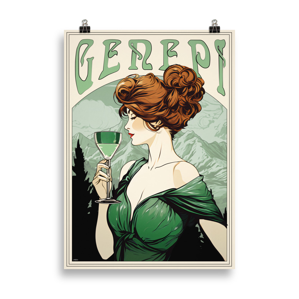 Affiche vintage Art Nouveau représentant une femme buvant un verre de génépi sur fond de montagnes, dans un style rétro élégant et naturel. Vintage Art Nouveau poster depicting a woman drinking a glass of génépi with a mountainous background, in an elegant and natural retro style.