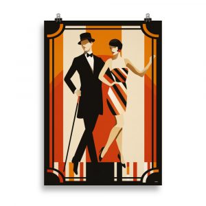 Affiche Art Déco vintage représentant un couple élégant des années 1920 en train de danser. Vintage Art Deco poster showing an elegant 1920s couple dancing.